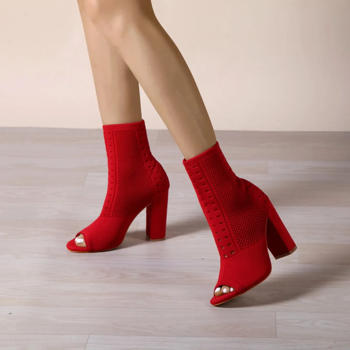 binfenxie- Women Block Heeled Peep Toe Boots