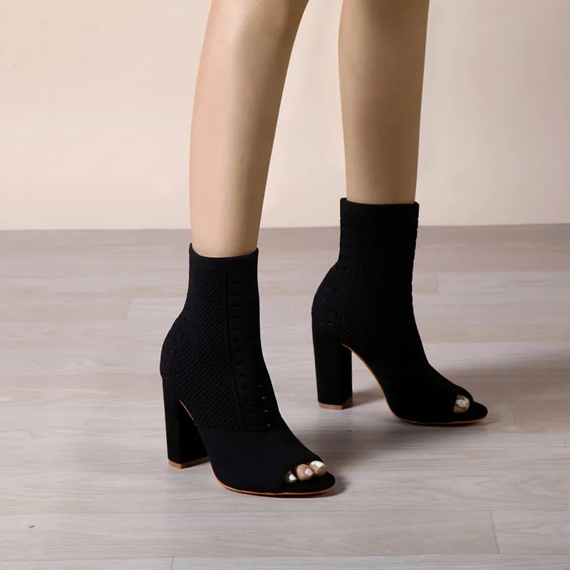 binfenxie- Women Block Heeled Peep Toe Boots