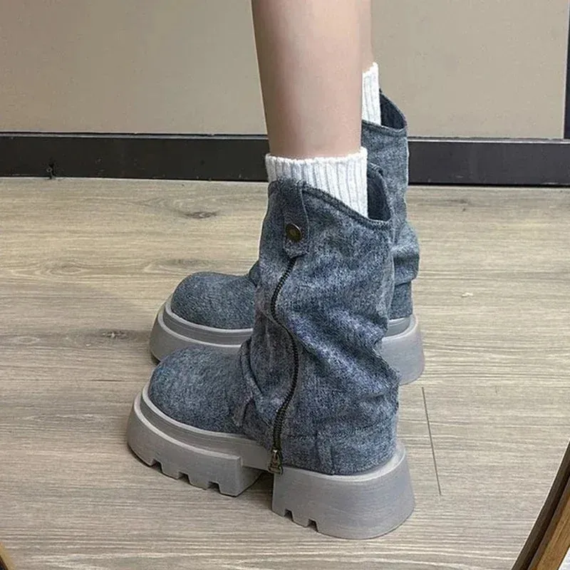 binfenxie  -  Women Cowboy Flats Boots New Autumn Winter Trend Walking Goth Boots Side Zipper Knight Shoes Fashion Platform Chelsea Shoes