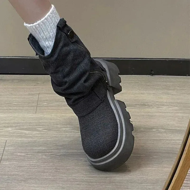 binfenxie  -  Women Cowboy Flats Boots New Autumn Winter Trend Walking Goth Boots Side Zipper Knight Shoes Fashion Platform Chelsea Shoes