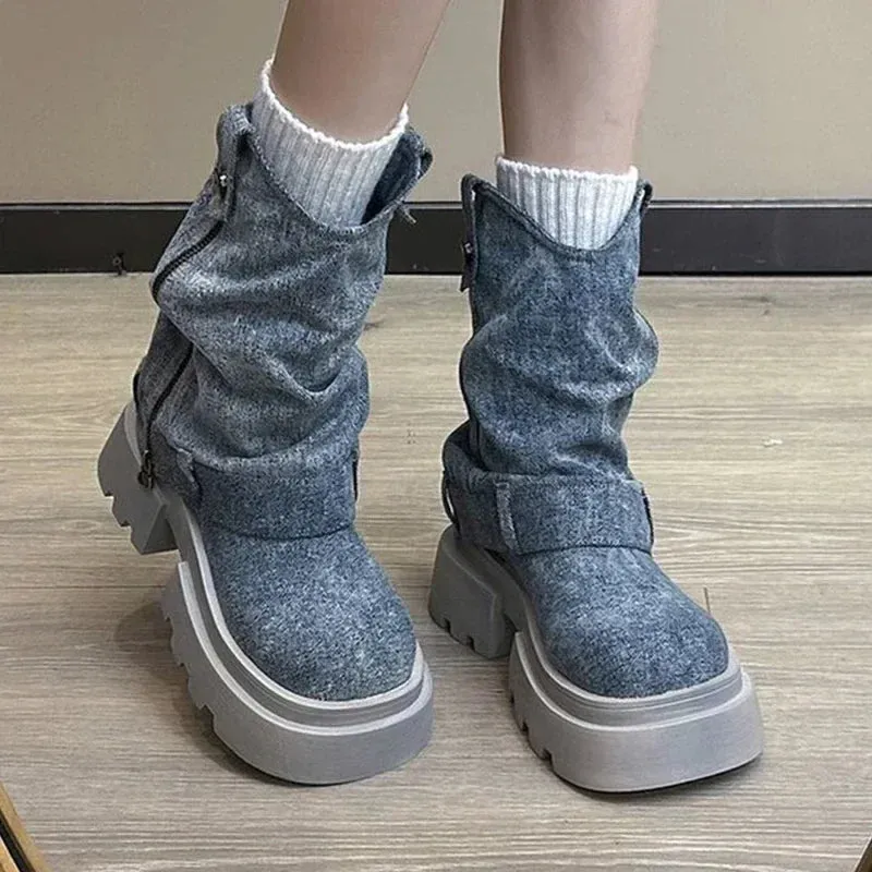 binfenxie  -  Women Cowboy Flats Boots New Autumn Winter Trend Walking Goth Boots Side Zipper Knight Shoes Fashion Platform Chelsea Shoes