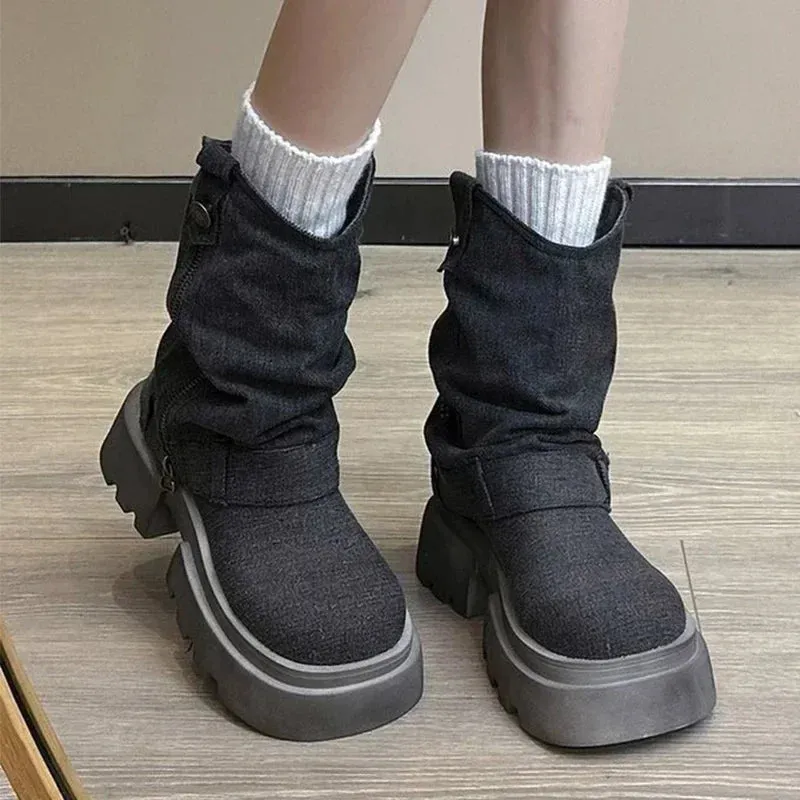 binfenxie  -  Women Cowboy Flats Boots New Autumn Winter Trend Walking Goth Boots Side Zipper Knight Shoes Fashion Platform Chelsea Shoes