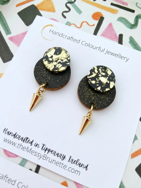 Black & Gold Glitter Round Dot Studs