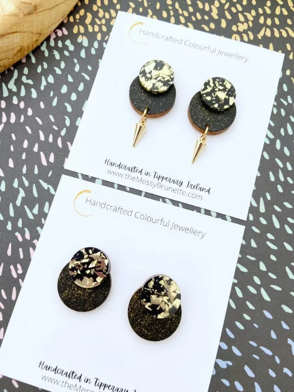 Black & Gold Glitter Round Dot Studs