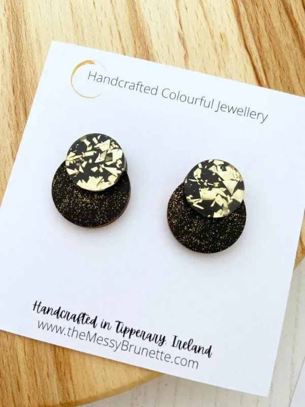 Black & Gold Glitter Round Dot Studs