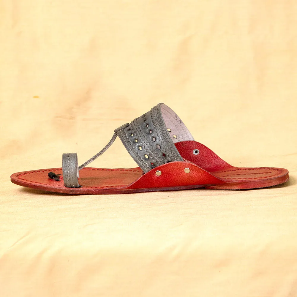 Men's Genuine Leather Kolhapuri Chappal - Red Grey Sophistication