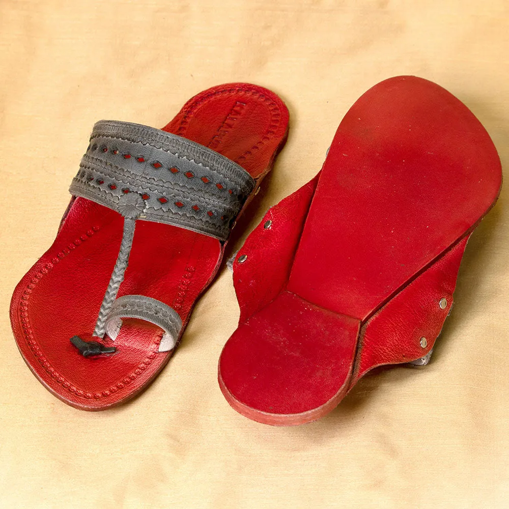 Men's Genuine Leather Kolhapuri Chappal - Red Grey Sophistication