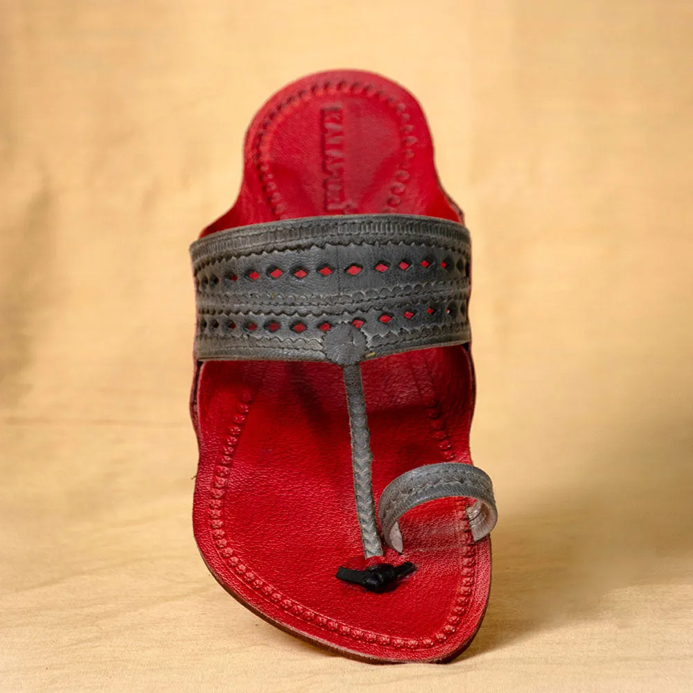 Men's Genuine Leather Kolhapuri Chappal - Red Grey Sophistication